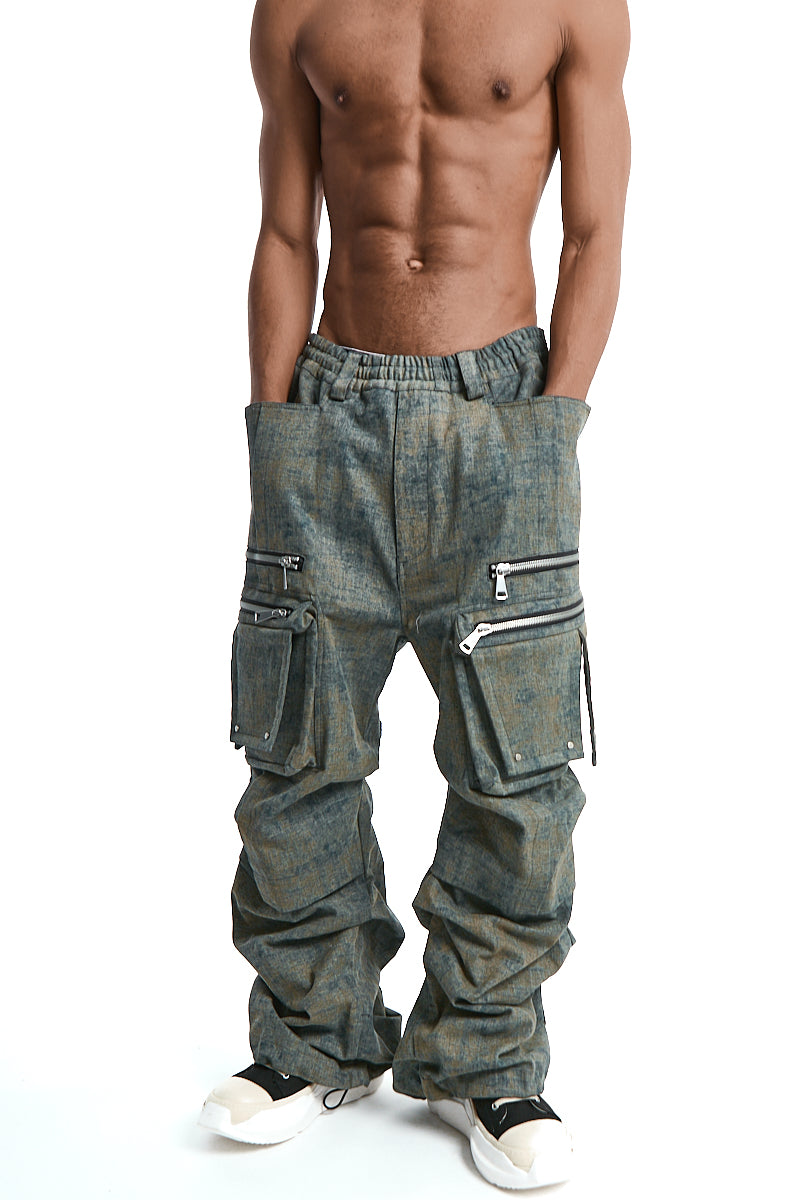 BLENDED SHADES DENIM CARGO TUCK WIDE PANTS