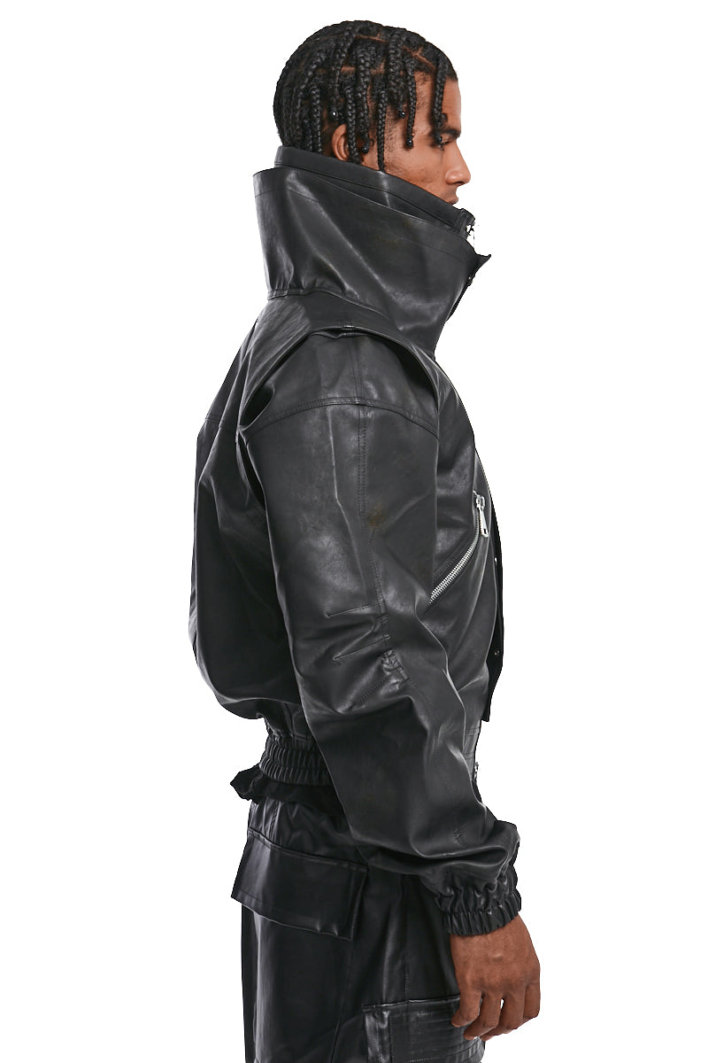 BLACK VEGAN LEATHER HIGH NACK BLOUSON