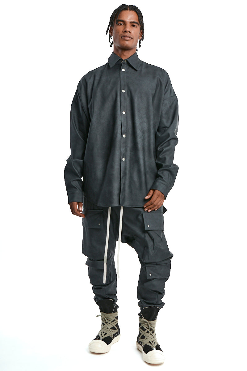 SMOKEBLACK VEGAN LEATHER COCOON SHIRT