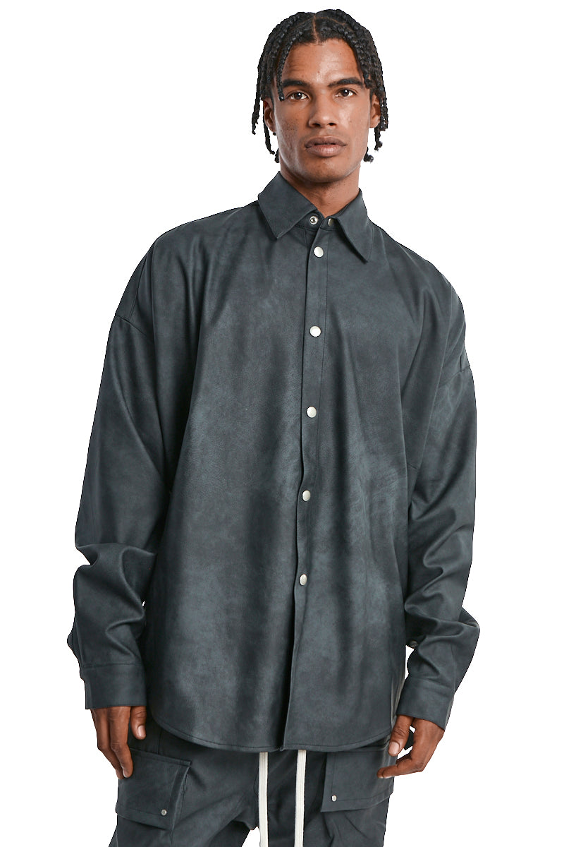 SMOKEBLACK VEGAN LEATHER COCOON SHIRT