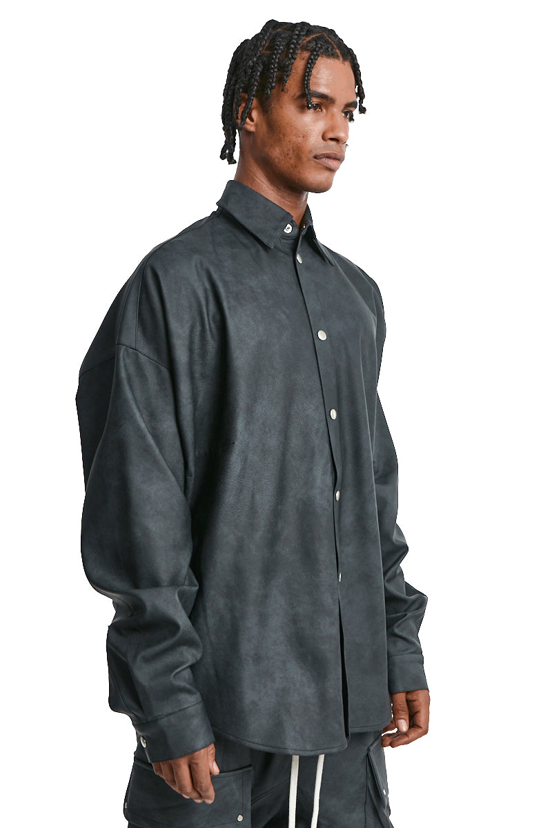 SMOKEBLACK VEGAN LEATHER COCOON SHIRT