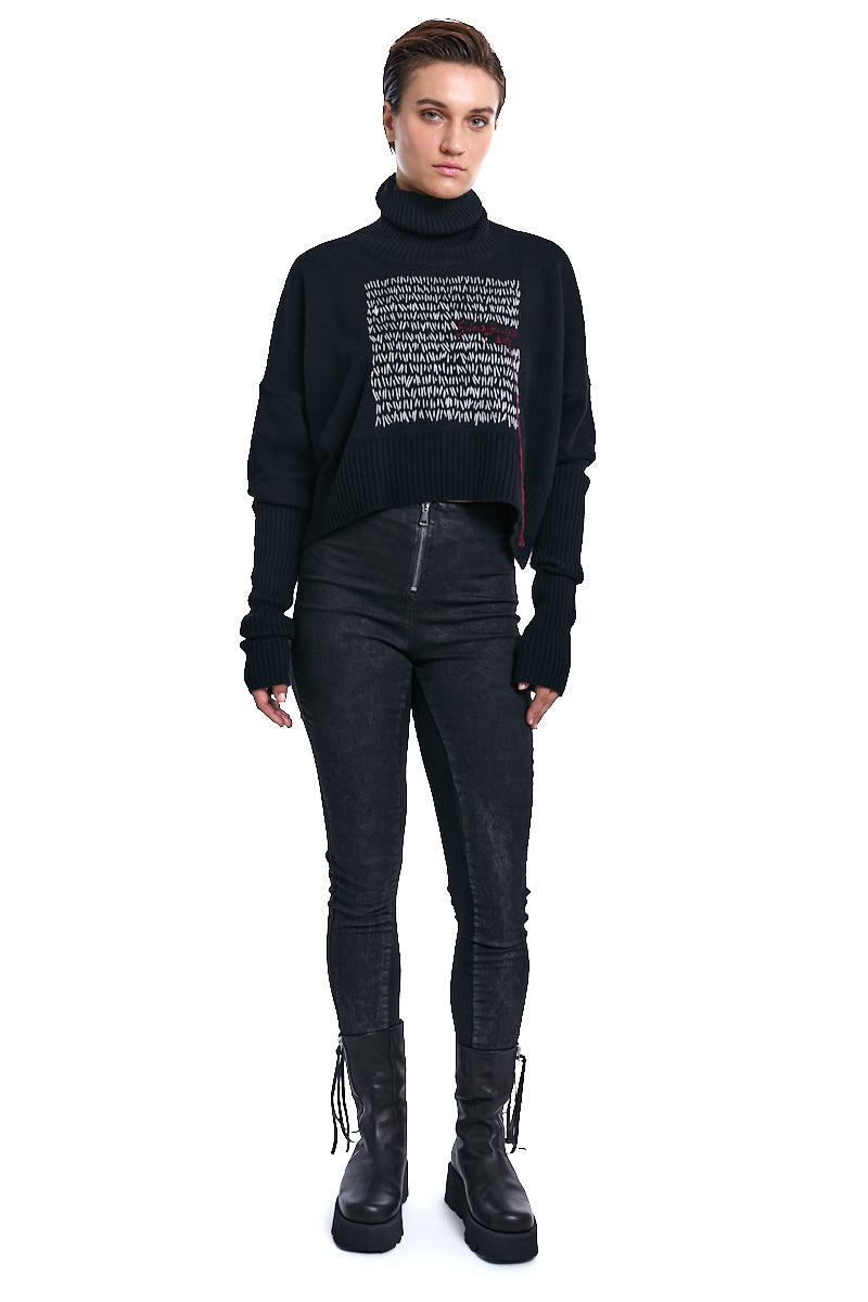 BLACK HAND-KNITTED WOOL TURTLENECK JERSEY