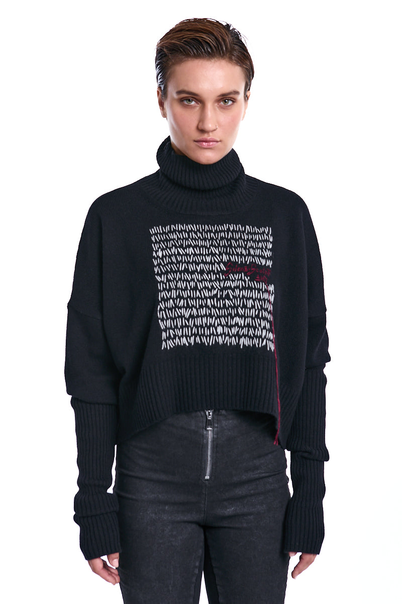 BLACK HAND-KNITTED WOOL TURTLENECK JERSEY