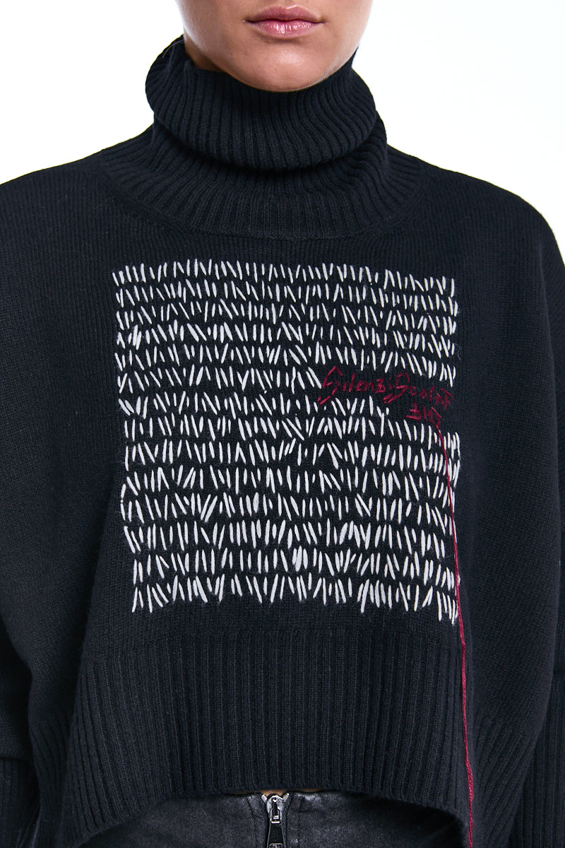 BLACK HAND-KNITTED WOOL TURTLENECK JERSEY