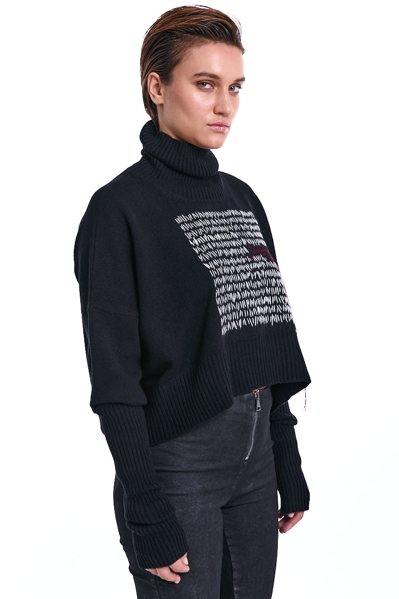 BLACK HAND-KNITTED WOOL TURTLENECK JERSEY
