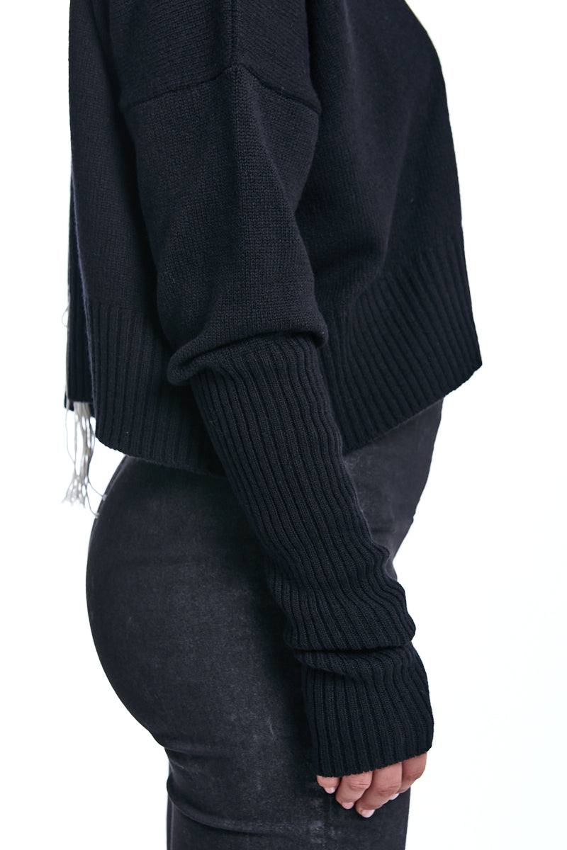 BLACK HAND-KNITTED WOOL TURTLENECK JERSEY