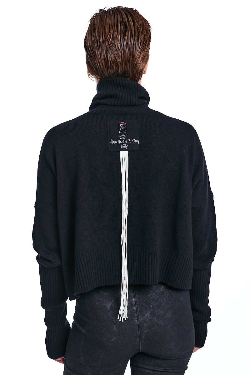 BLACK HAND-KNITTED WOOL TURTLENECK JERSEY