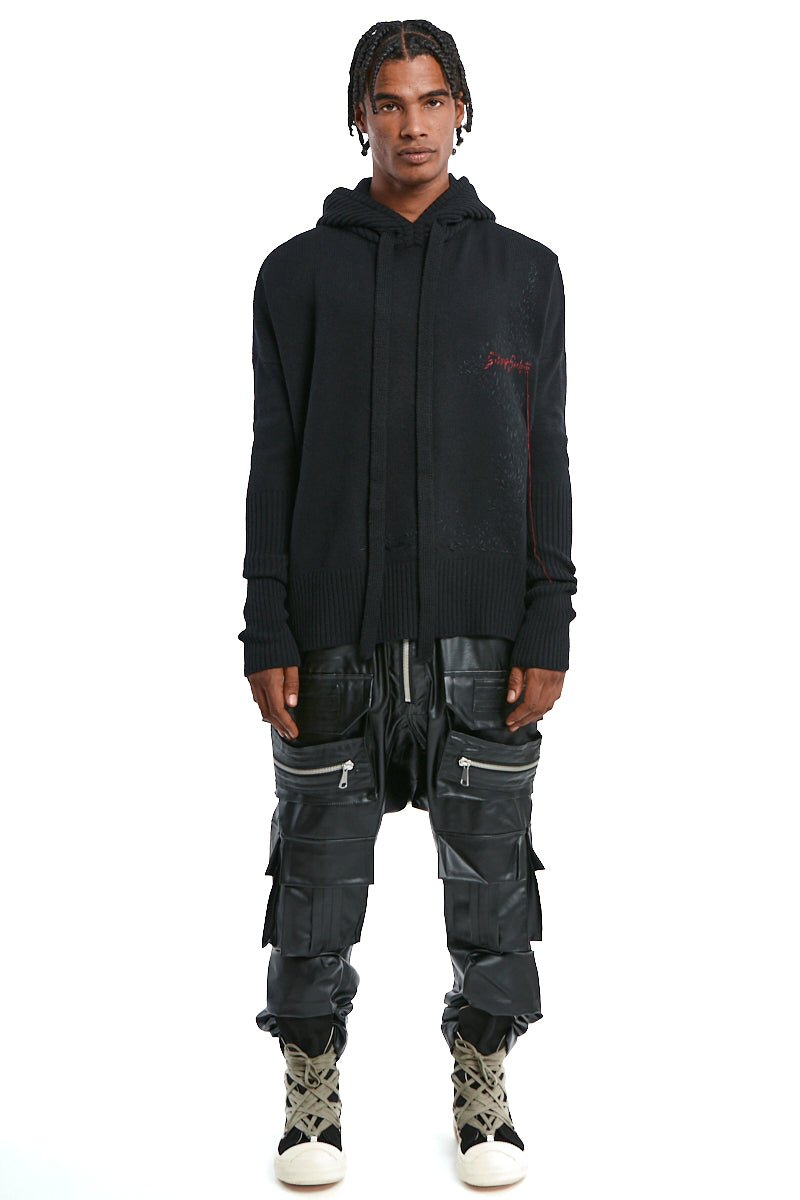 BLACK HAND-STITCHED KNIT HOODED PULLOVER