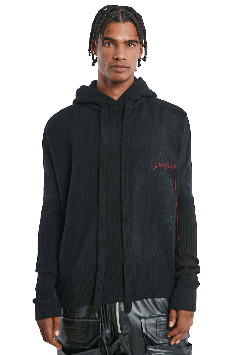 BLACK HAND-STITCHED KNIT HOODED PULLOVER