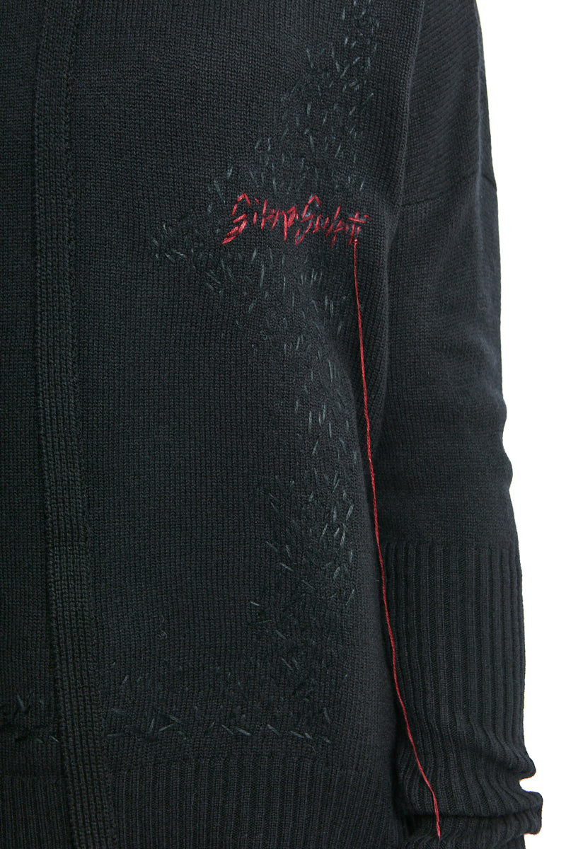BLACK HAND-STITCHED KNIT HOODED PULLOVER