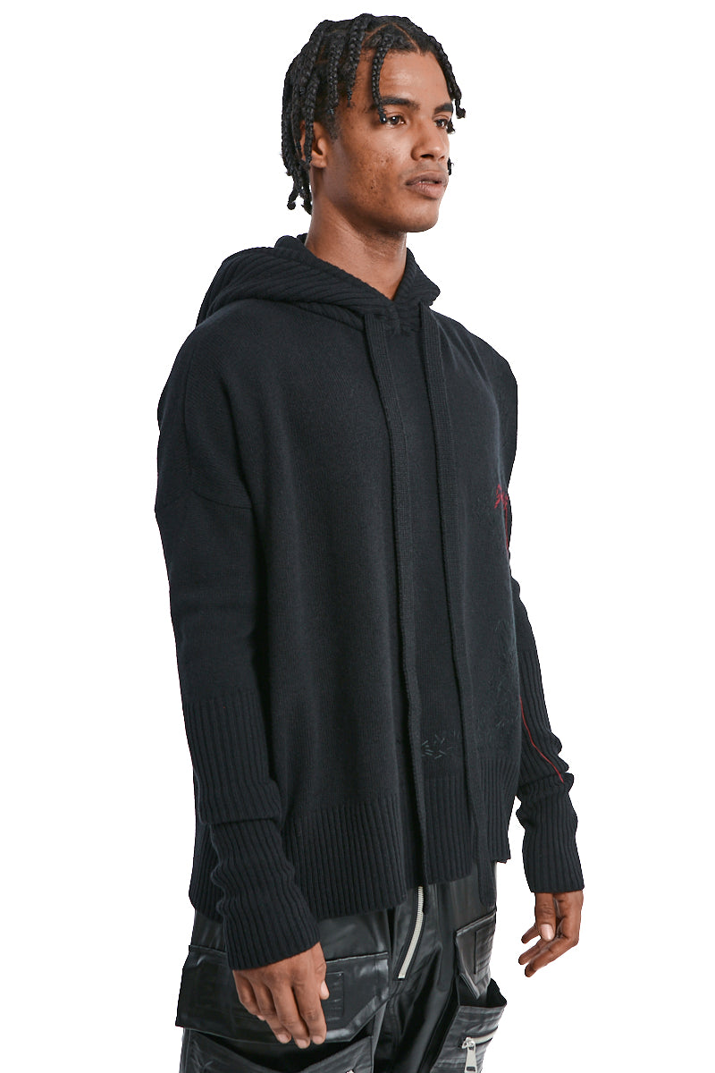 BLACK HAND-STITCHED KNIT HOODED PULLOVER