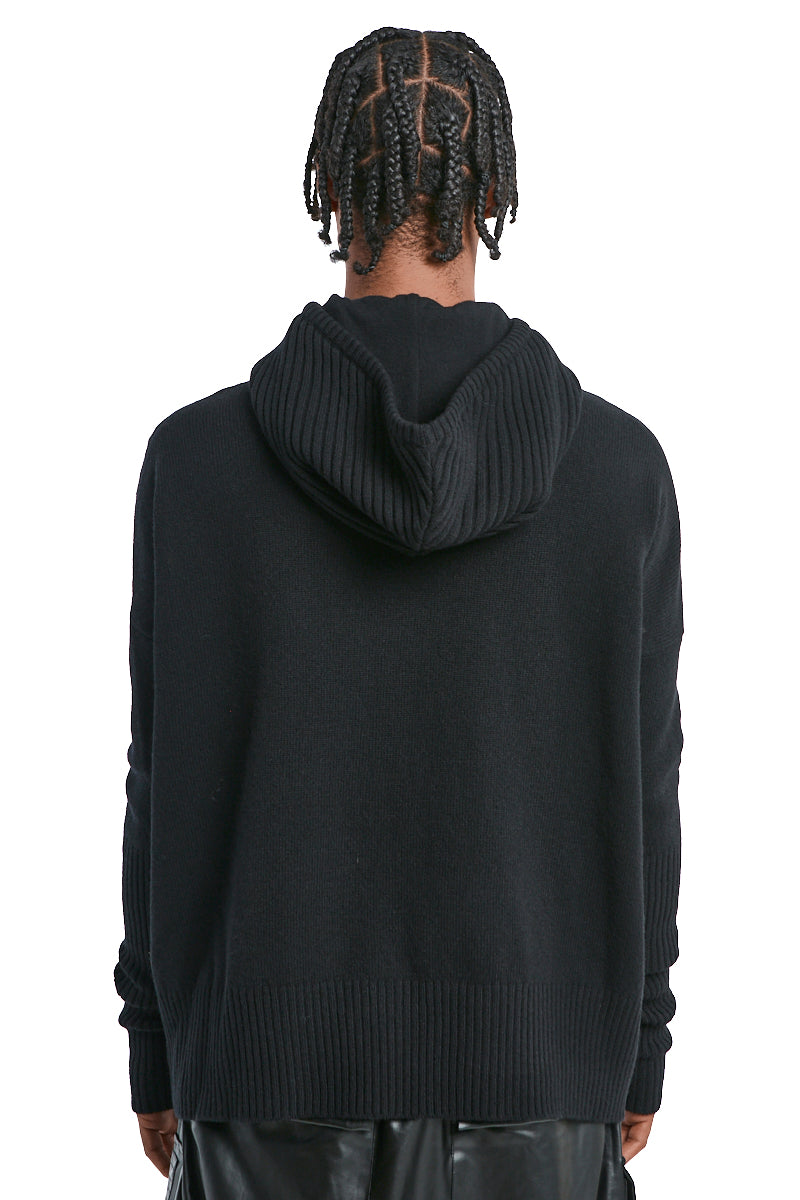 BLACK HAND-STITCHED KNIT HOODED PULLOVER