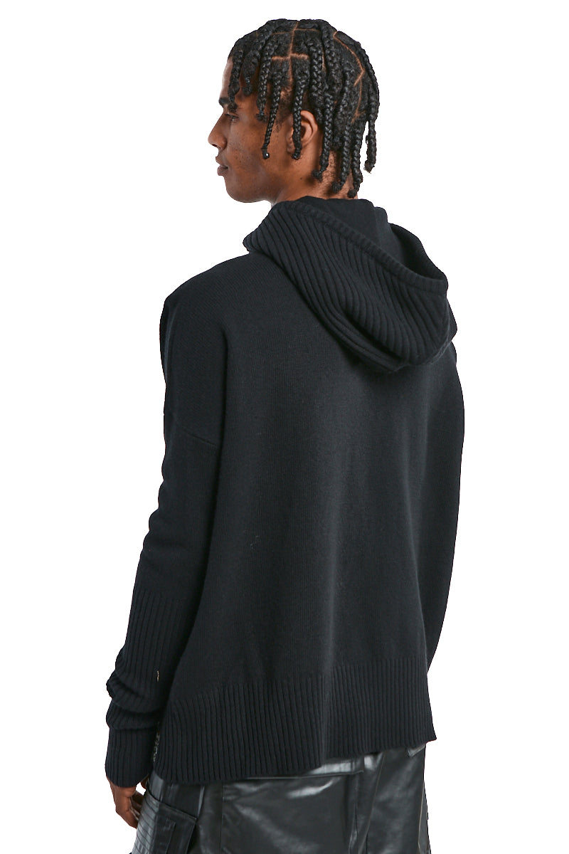 BLACK HAND-STITCHED KNIT HOODED PULLOVER