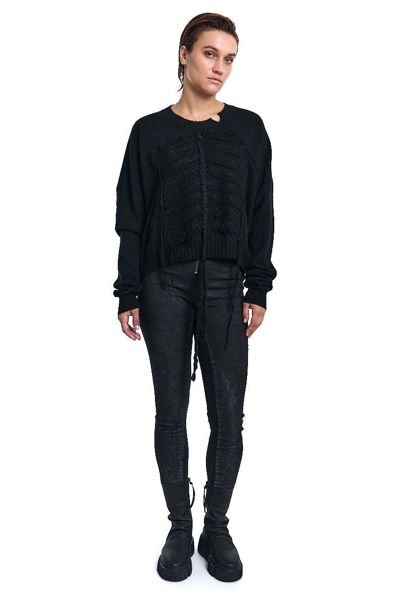 BLACK FRAYED FRONT PANEL SWEATER