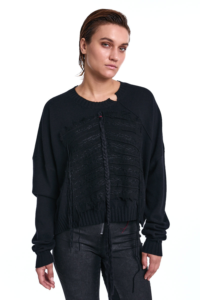 BLACK FRAYED FRONT PANEL SWEATER