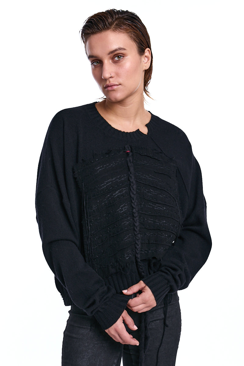 BLACK FRAYED FRONT PANEL SWEATER