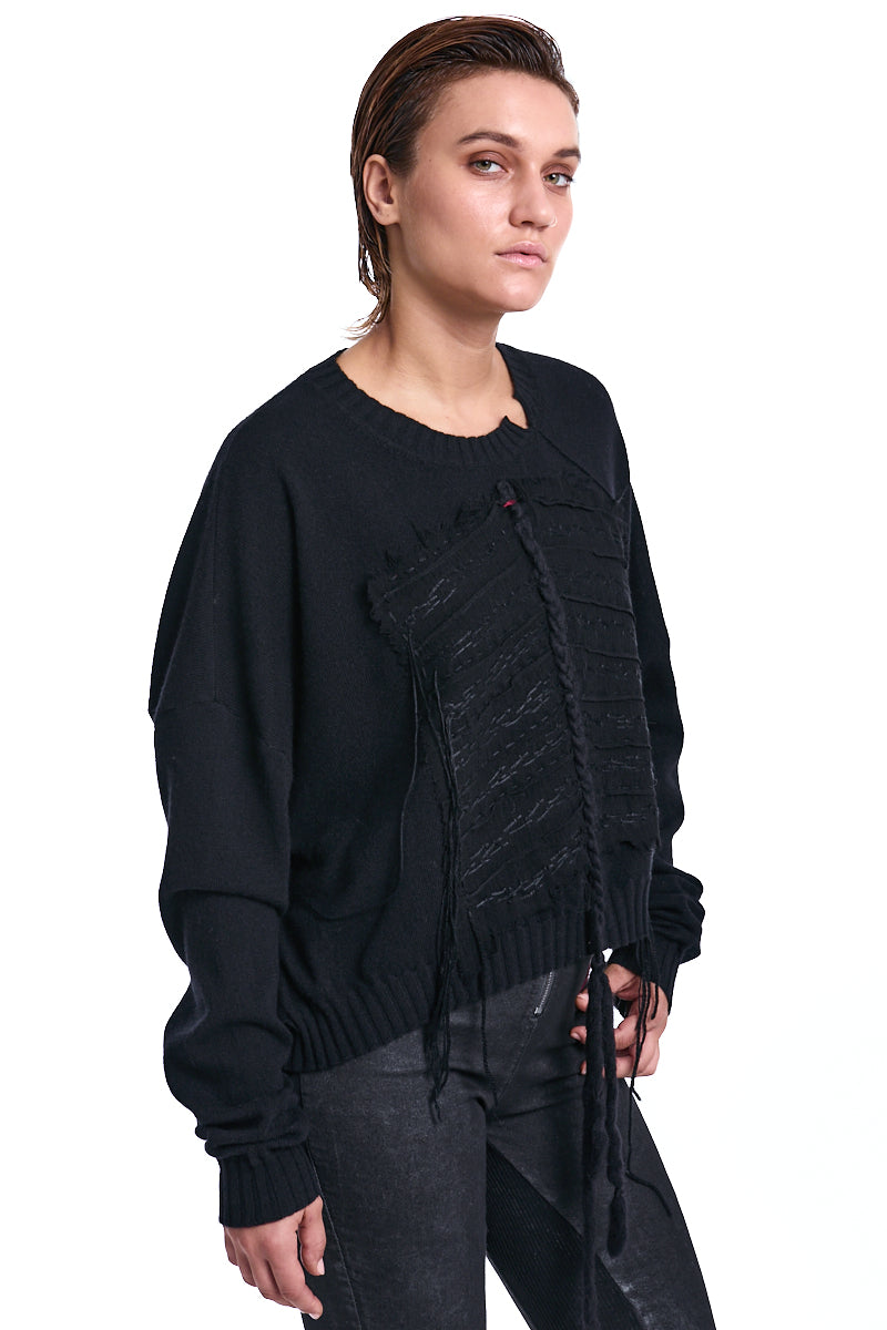 BLACK FRAYED FRONT PANEL SWEATER