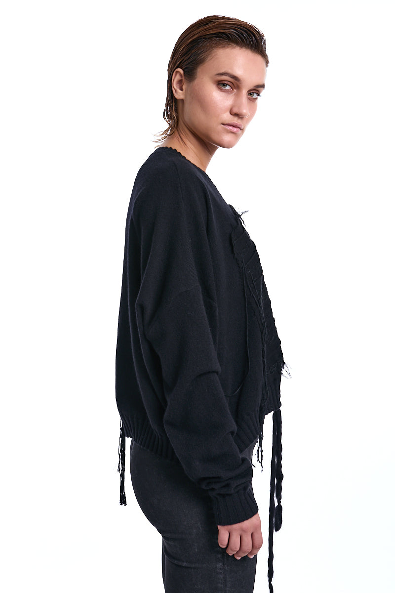 BLACK FRAYED FRONT PANEL SWEATER