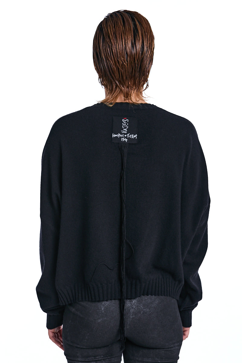 BLACK FRAYED FRONT PANEL SWEATER