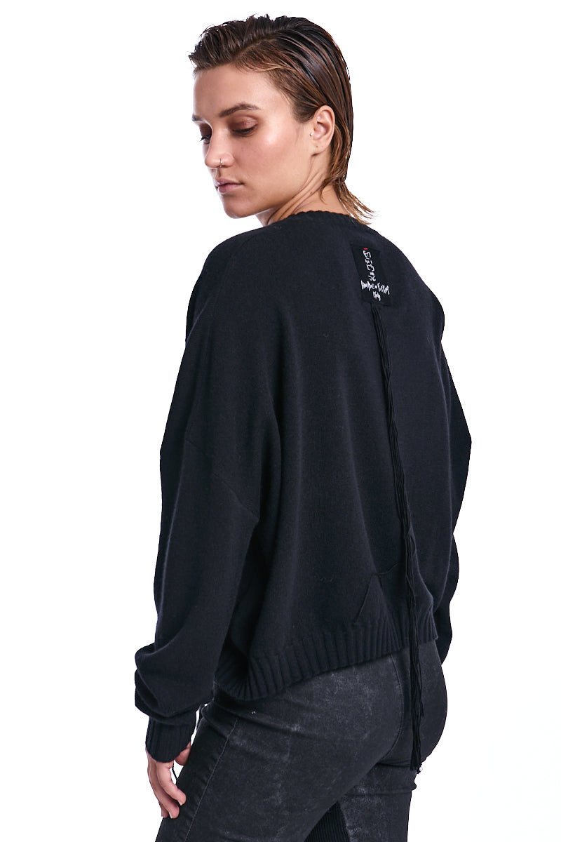 BLACK FRAYED FRONT PANEL SWEATER