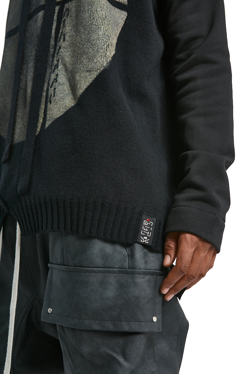 BLACK ABSTRACT GRAPHIC HOODED SWEATER