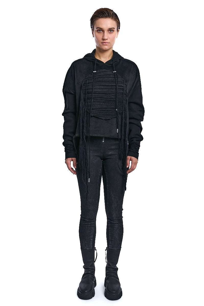 BLACK SUEDE PANEL HOODED SWEATSHIRT