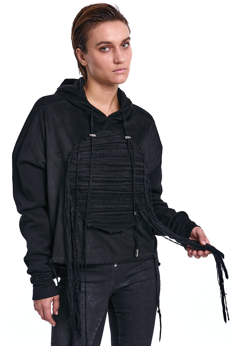 BLACK SUEDE PANEL HOODED SWEATSHIRT