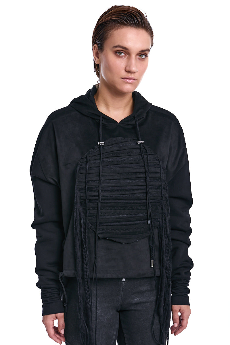 BLACK SUEDE PANEL HOODED SWEATSHIRT