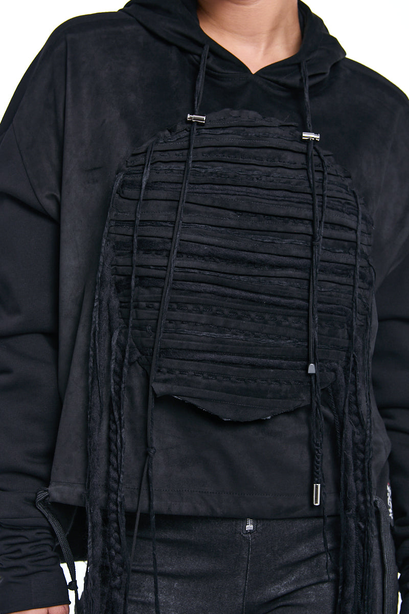 BLACK SUEDE PANEL HOODED SWEATSHIRT