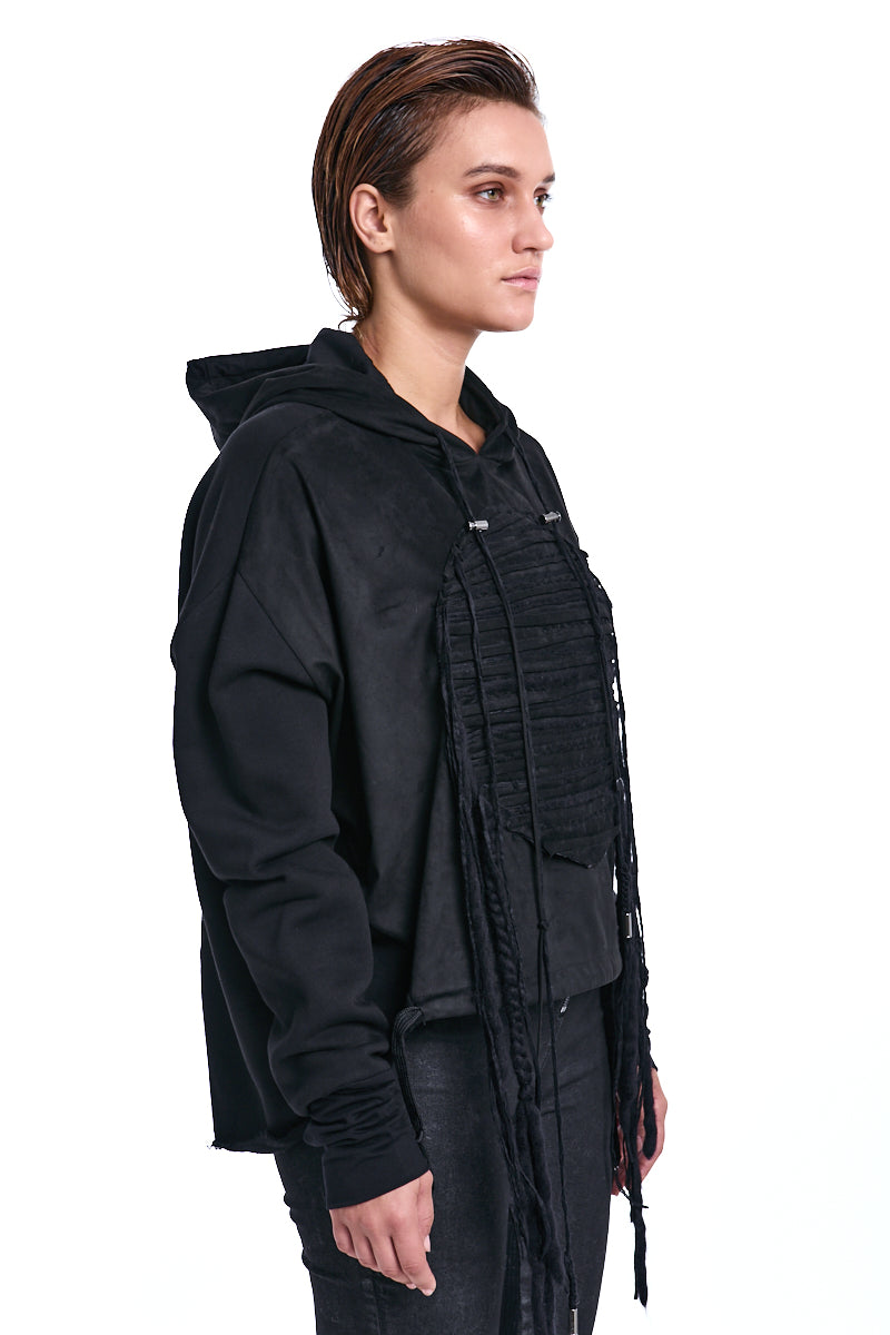 BLACK SUEDE PANEL HOODED SWEATSHIRT