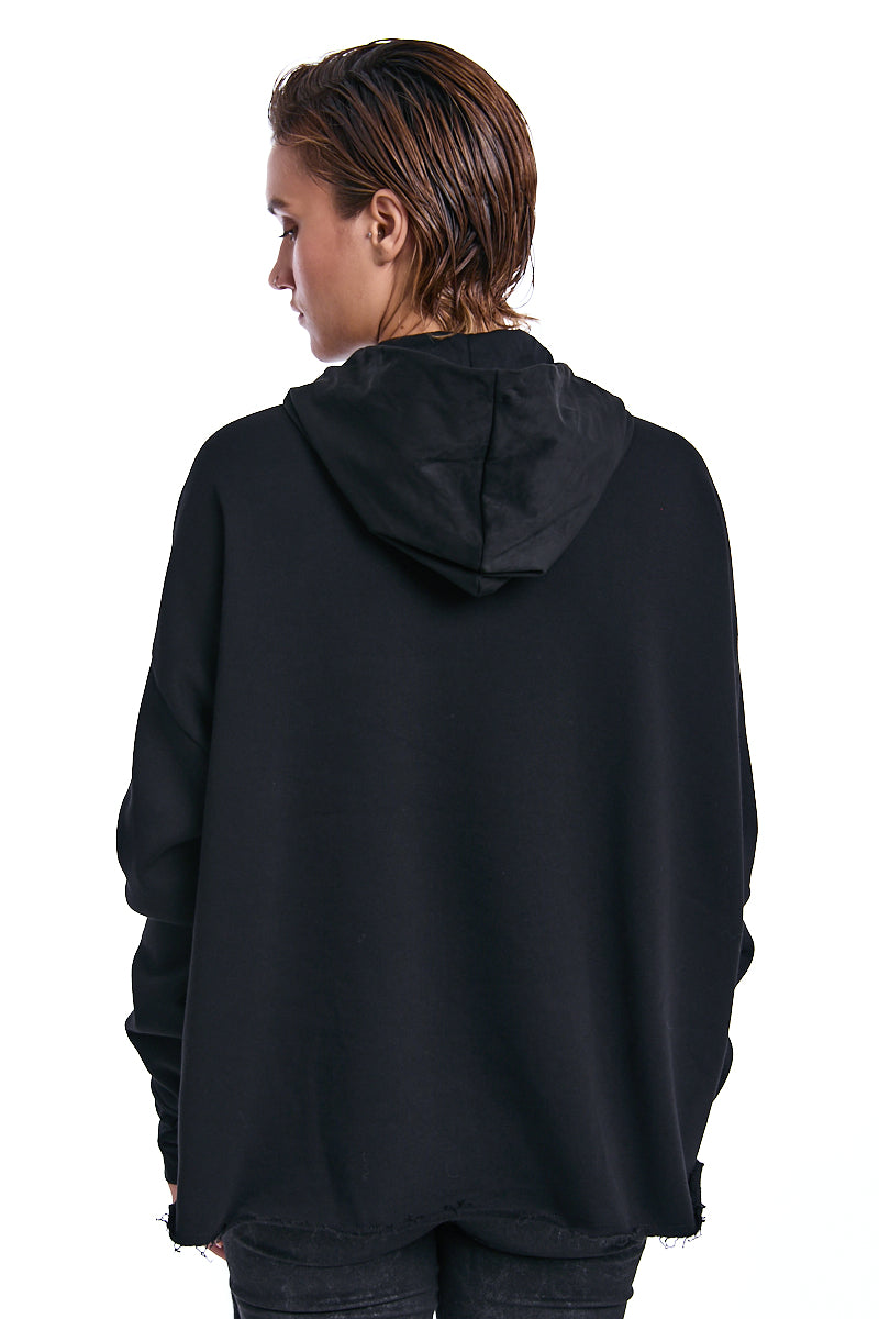 BLACK SUEDE PANEL HOODED SWEATSHIRT