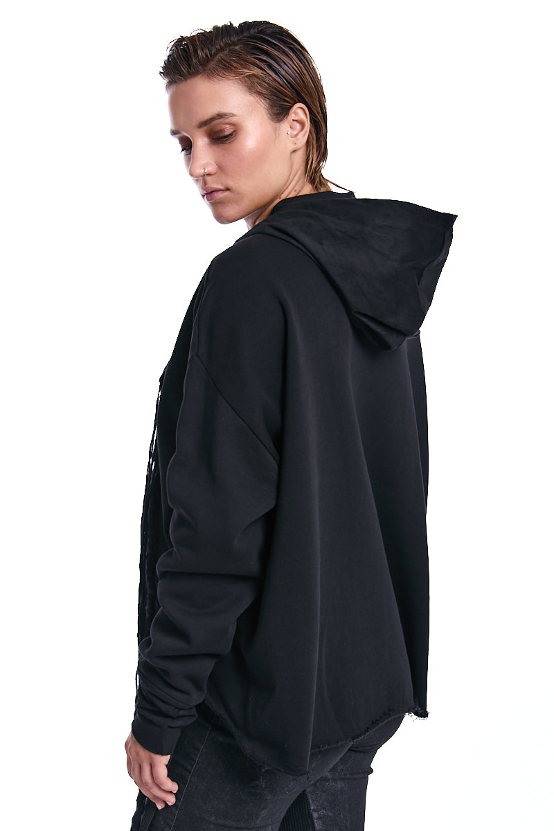 BLACK SUEDE PANEL HOODED SWEATSHIRT