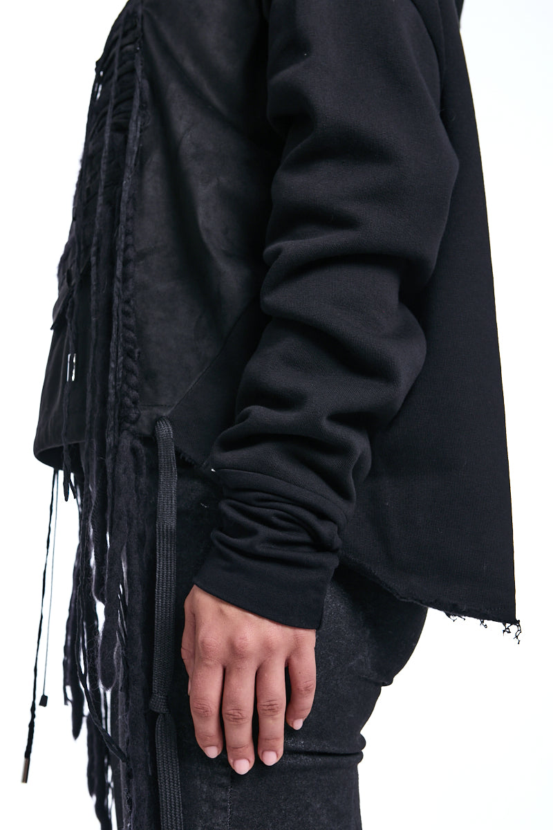 BLACK SUEDE PANEL HOODED SWEATSHIRT