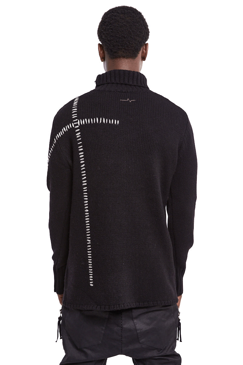 BLACK HIGH NECK STITCHING WOOL SWEATER