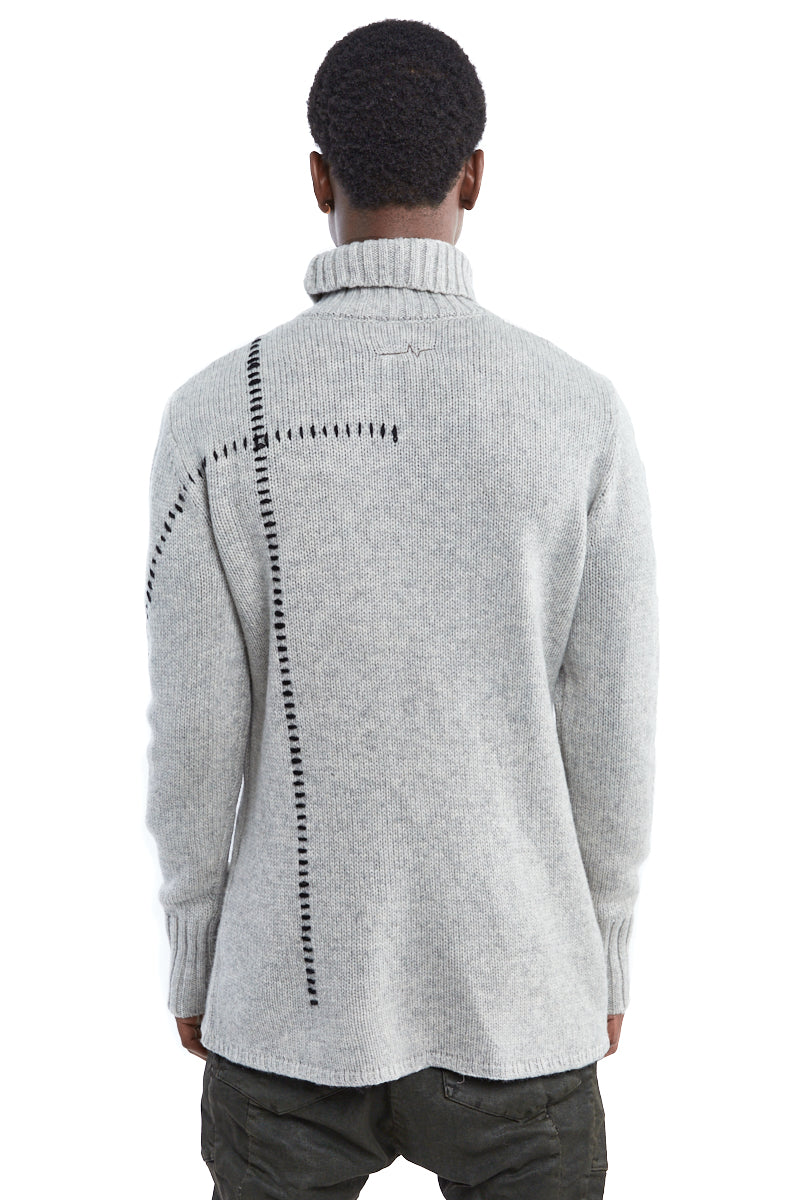 OYSTER GREY HIGH NECK STITCHING WOOL SWEATER