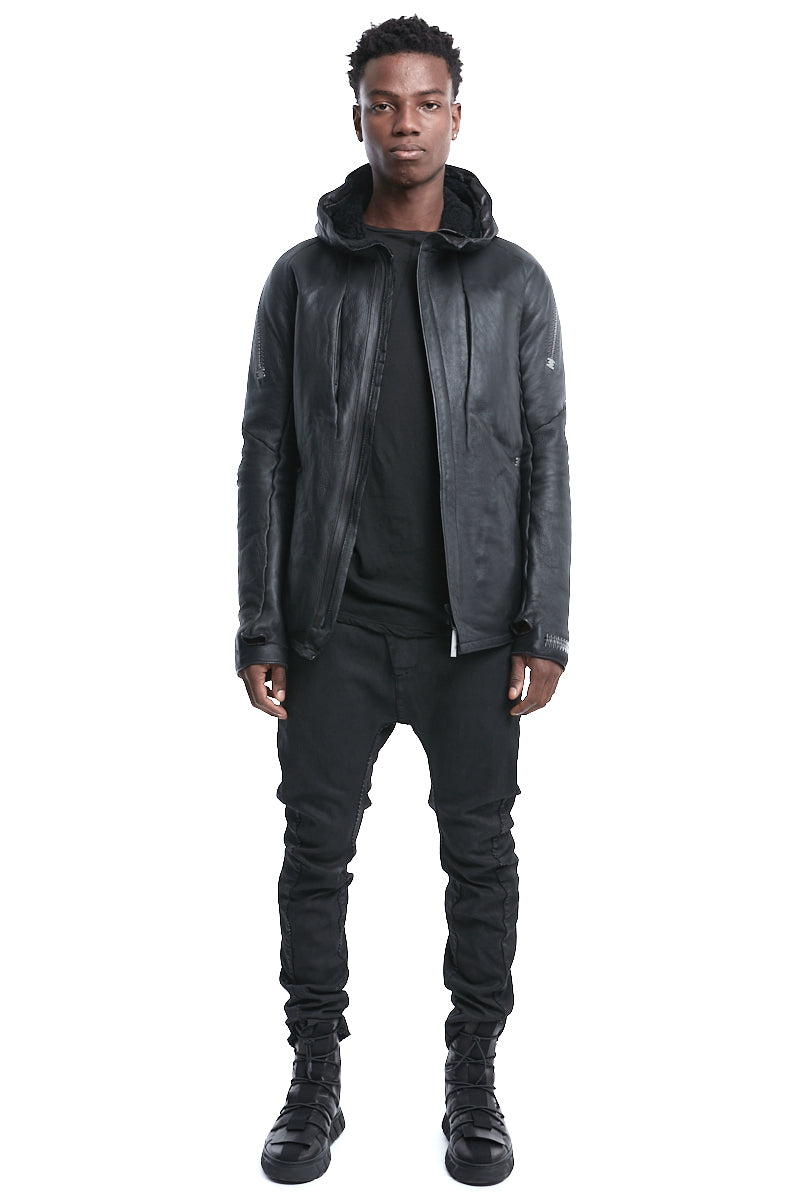 BLACK SHEARLING HOODED JACKET
