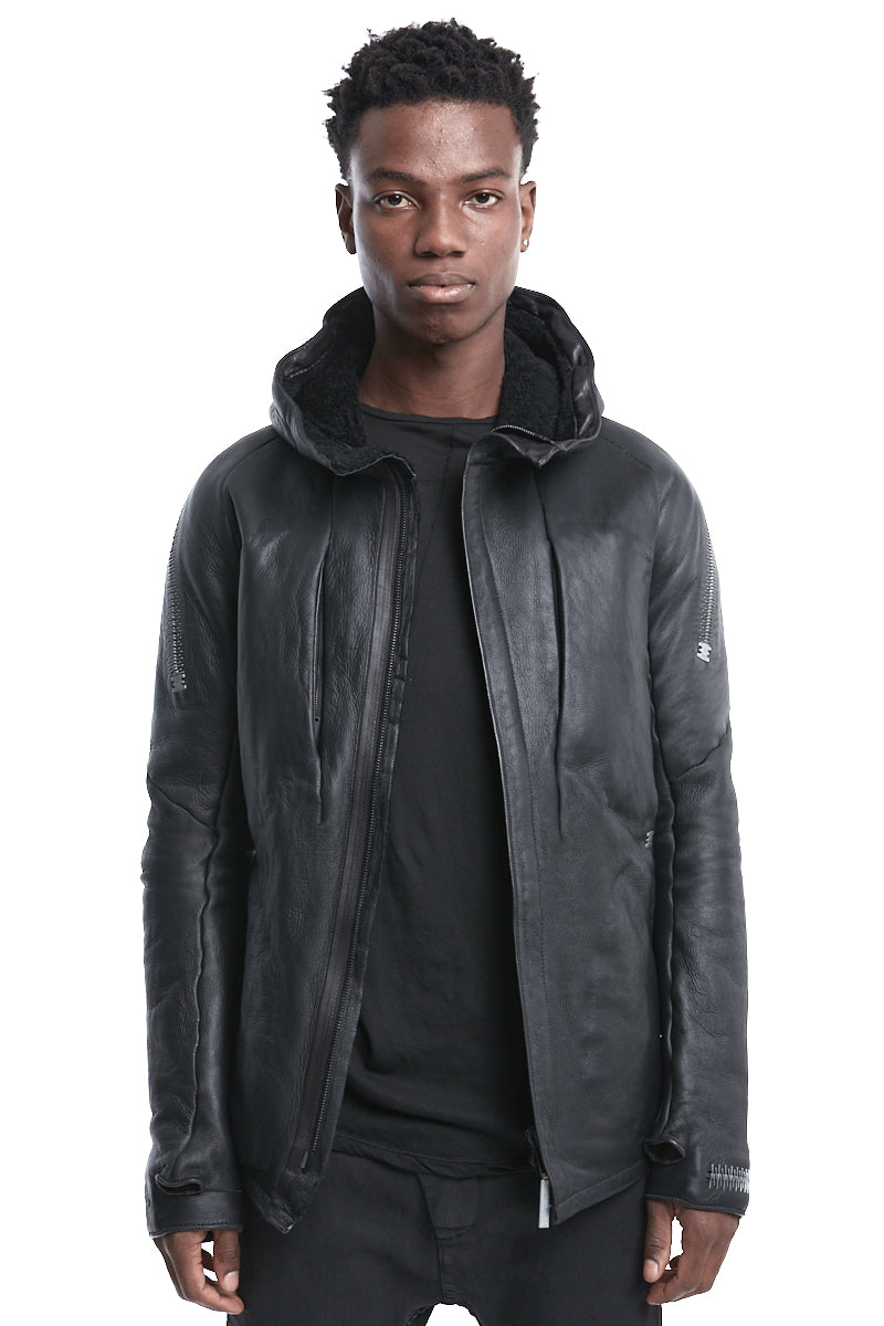 BLACK SHEARLING HOODED JACKET