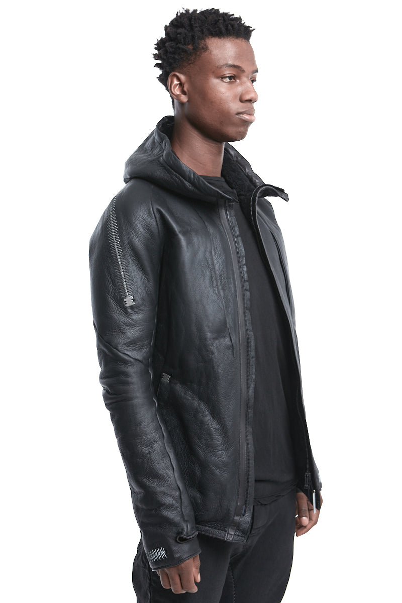 BLACK SHEARLING HOODED JACKET