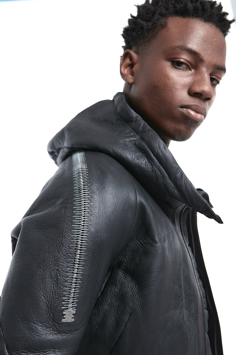 BLACK SHEARLING HOODED JACKET