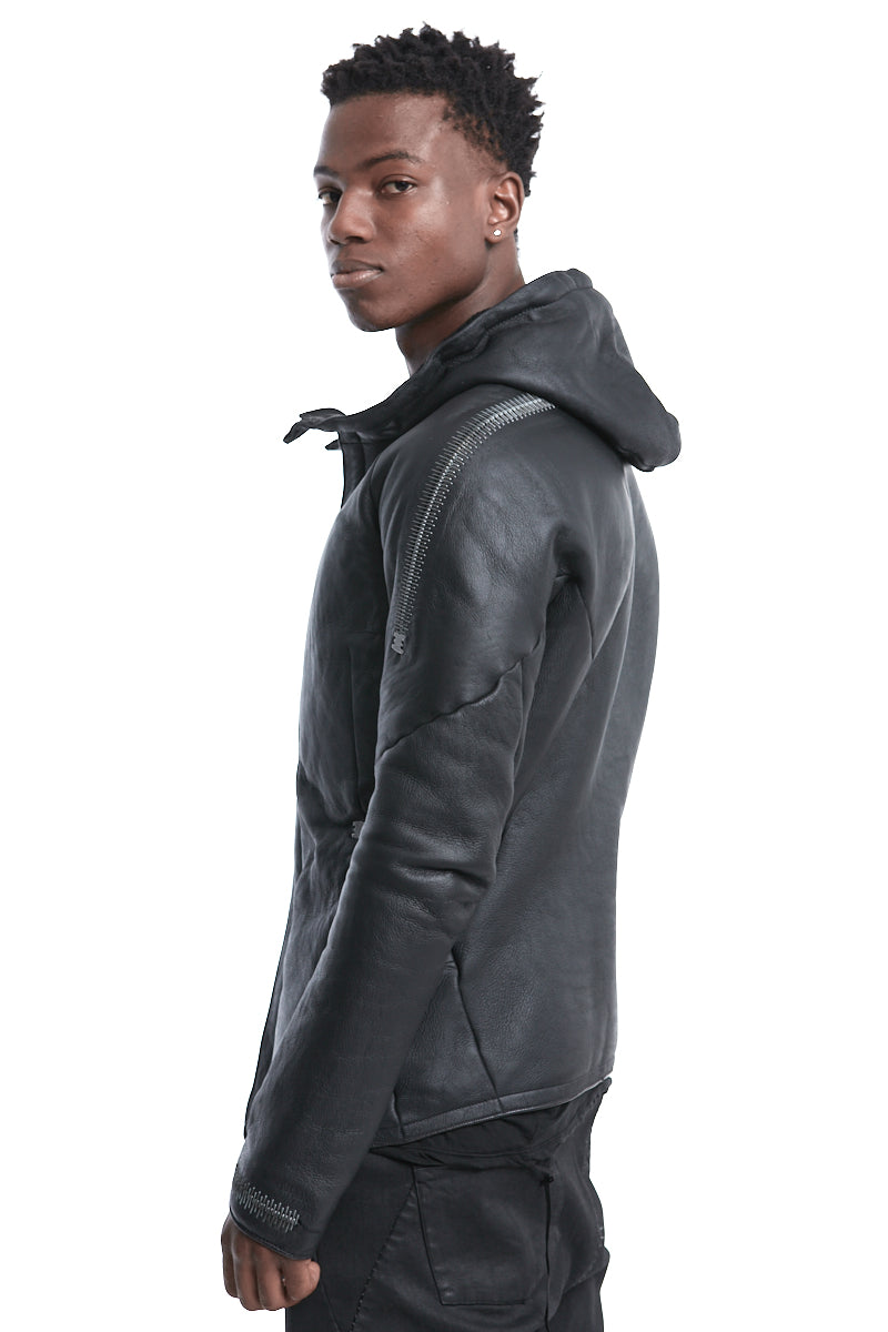 BLACK SHEARLING HOODED JACKET