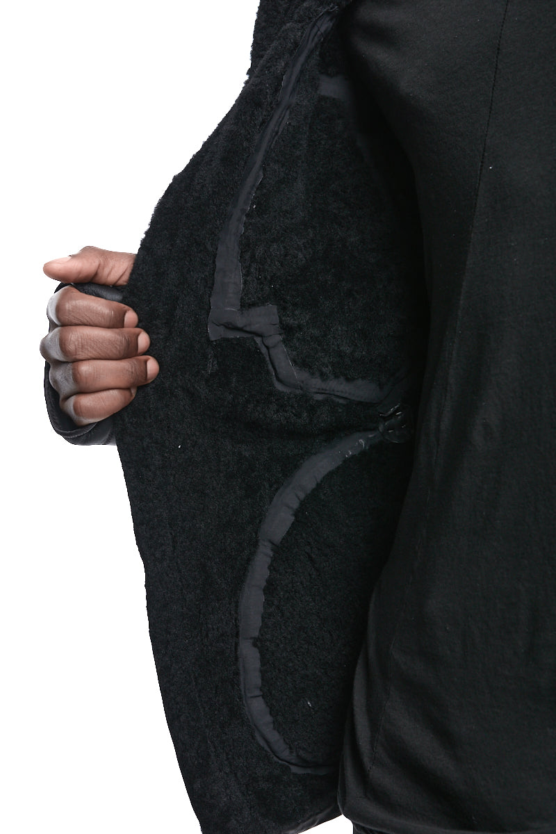 BLACK SHEARLING HOODED JACKET