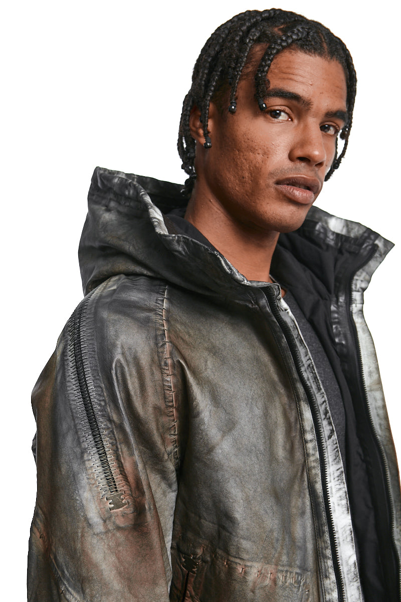 STRETCH LAMBSKIN LEATHER HOODED JACKET