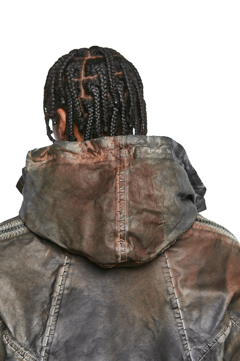 STRETCH LAMBSKIN LEATHER HOODED JACKET