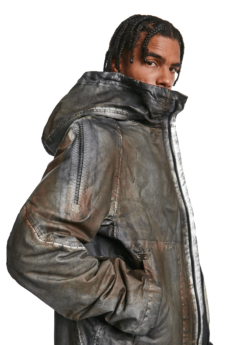 STRETCH LAMBSKIN LEATHER HOODED JACKET