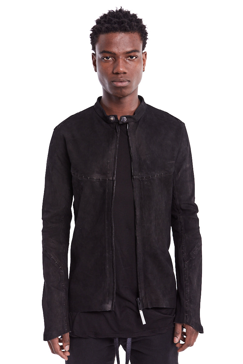 BLACK STRETCH LEATHER SHIRT JACKET