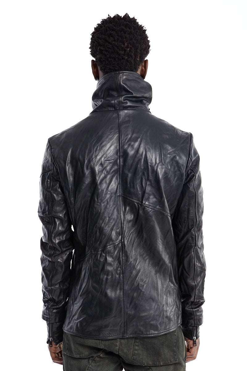 HIGH NECK CRUMPLED LEATHER JACKET