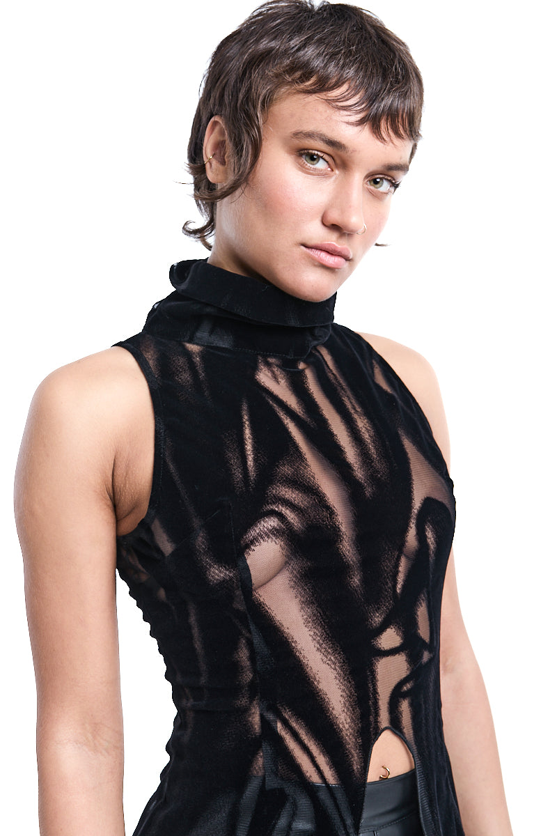 TULLE DEVORE FLOCKED STRETCH TOP