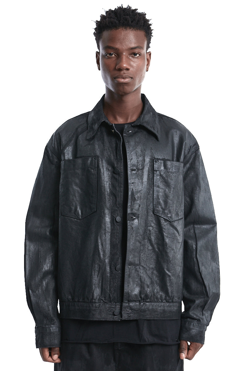 BLACK RUBBERIZED COATING DENIM JACKET