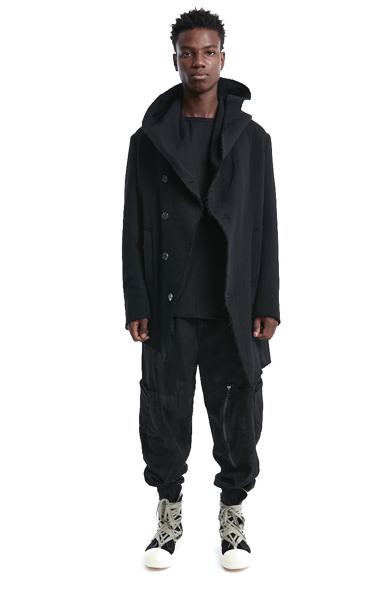 BLACK WOOL HOODED COAT