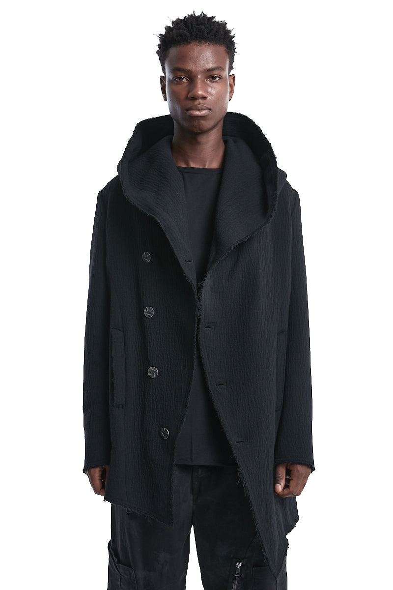 BLACK WOOL HOODED COAT